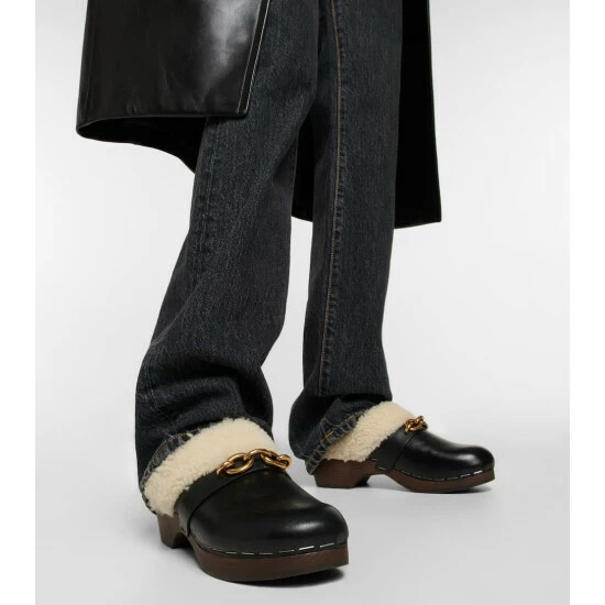 Best Sale ❤️ Saint Laurent Le Maillon Leather And Shearling Clogs ⌛ - Image 3