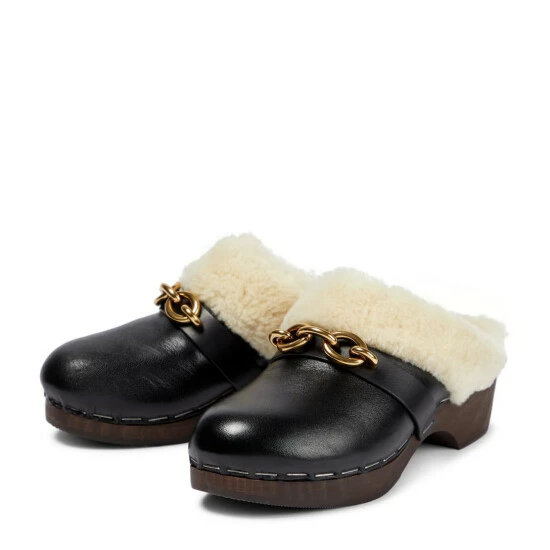 Best Sale ❤️ Saint Laurent Le Maillon Leather And Shearling Clogs ⌛ - Image 4