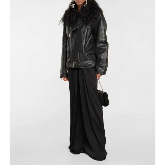 Top 10 🌟 Saint Laurent Feather-trimmed Leather Biker Jacket 😀