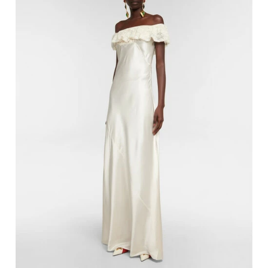 Best Pirce ๐งจ Saint Laurent Lace-trimmed Satin Gown โจ