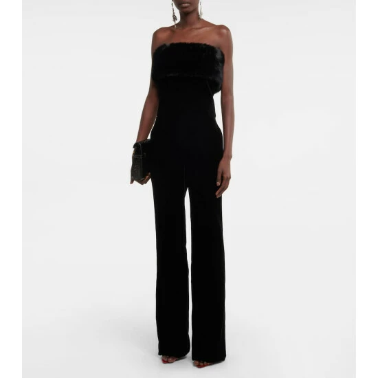 Promo ๐ Saint Laurent Faux Fur-trimmed Cupro Velvet Jumpsuit ๐